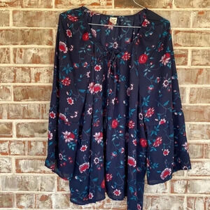 Faded Glory Navy Floral Peasant Lace Up Boho Blouse